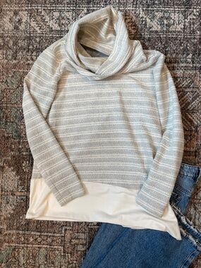 209 WST Striped Cowl Neck Tunic Sweater Small Gray White Long Sleeve Asymmetrica
